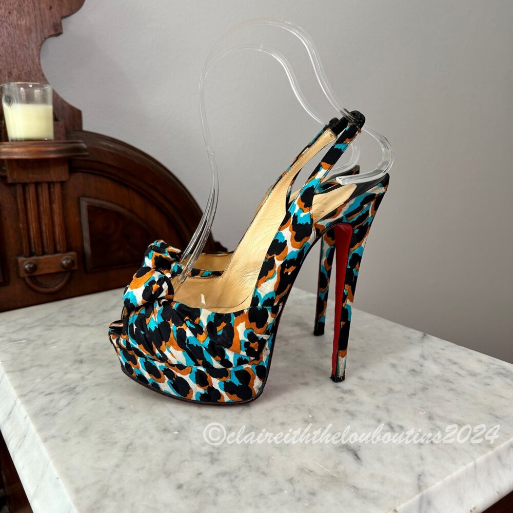 Christian Louboutin Jenny 140 Leopard Satin Platform Slingback Pumps size 36